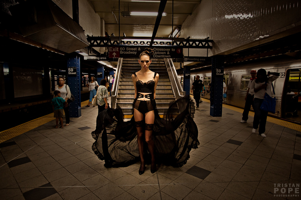 Tristan Pope’s signature fashion photograph on a New York subway platform
