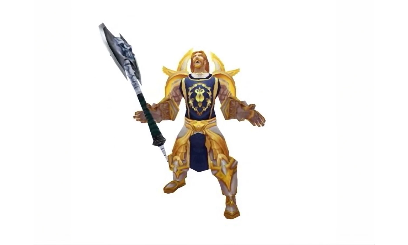 The paladin from Frostshock in gold and blue armor, holding his weapon