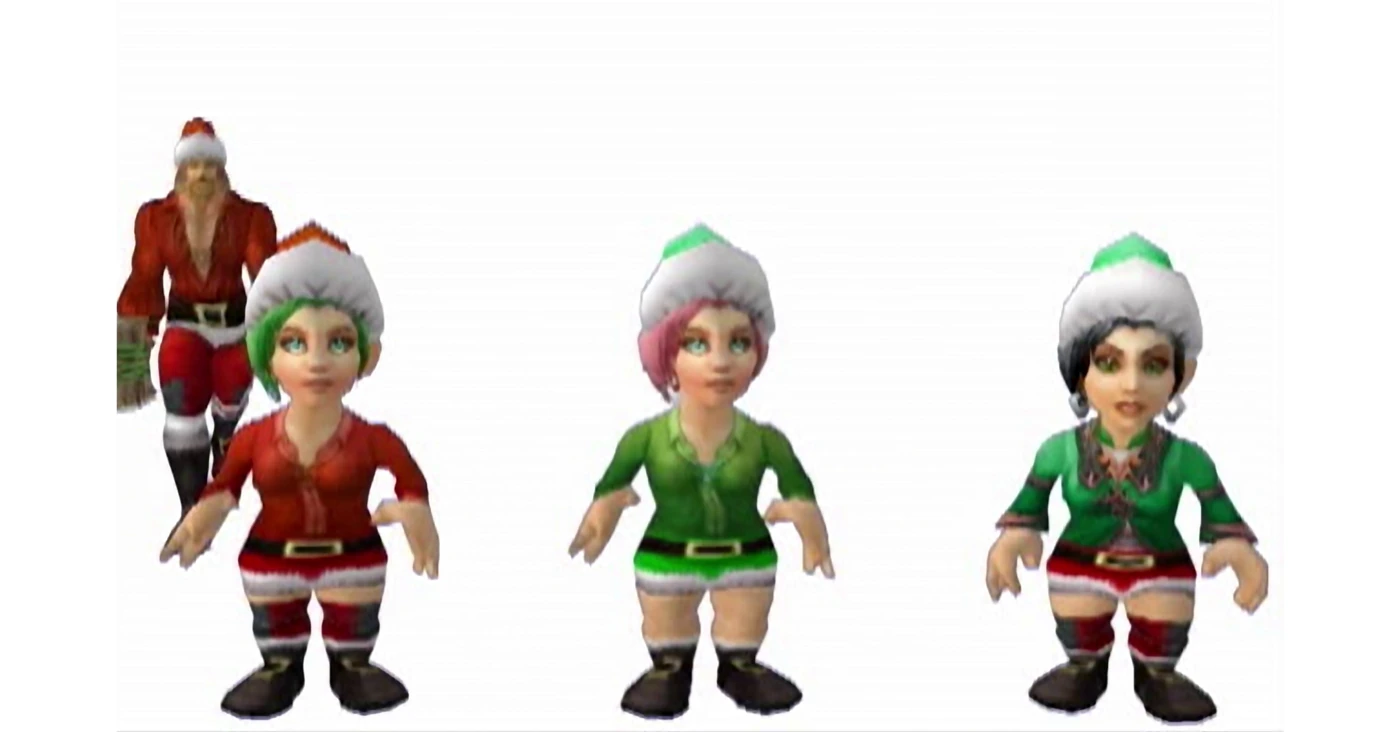 The singing gnomes from Happy Holidays in red and green holiday clothes