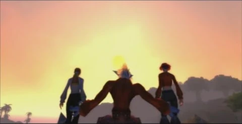 Three World of Warcraft characters looking over water at sunset in Not Just Another Love Story