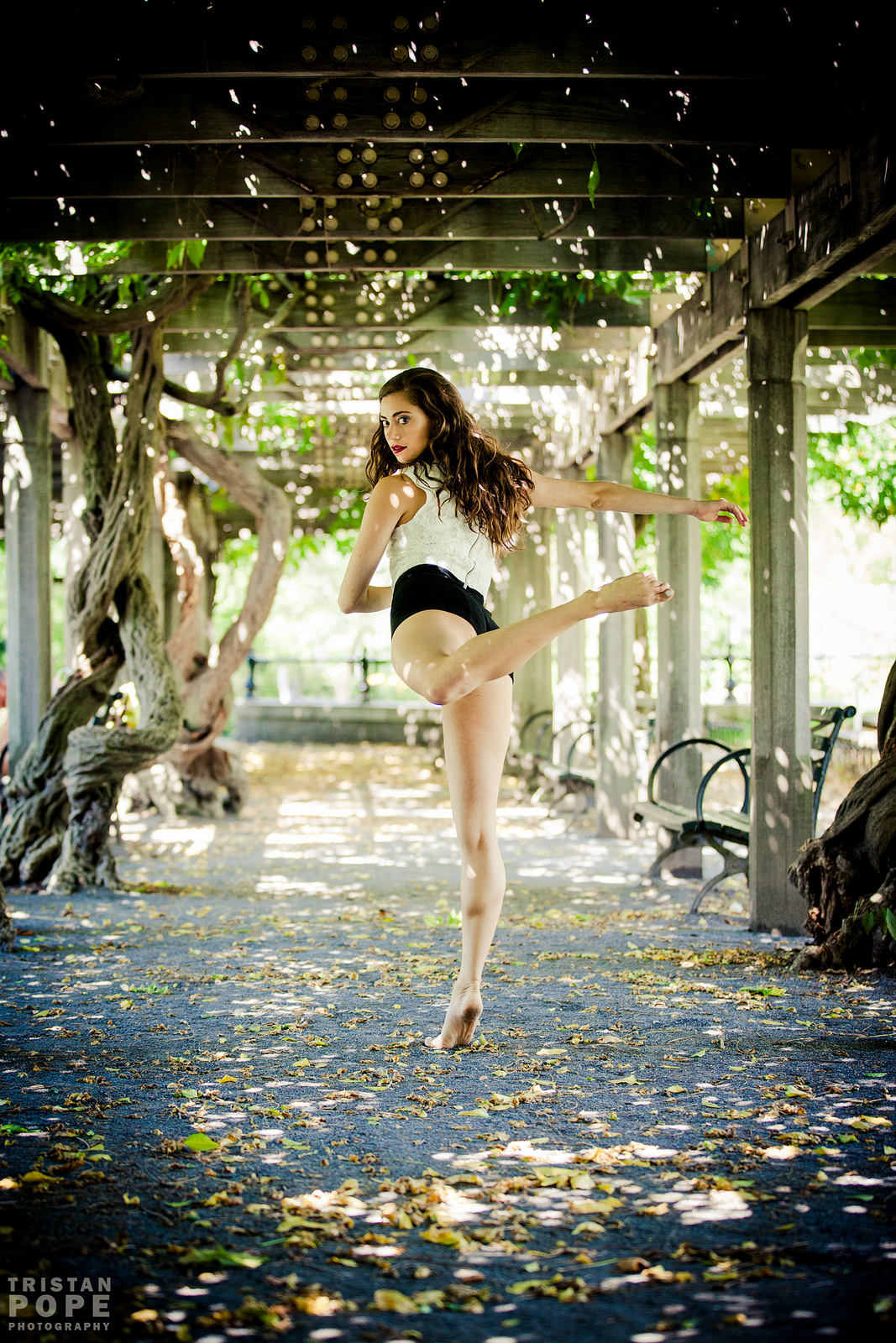A dancer beneath a sunlit pergola, photographed by Tristan Pope