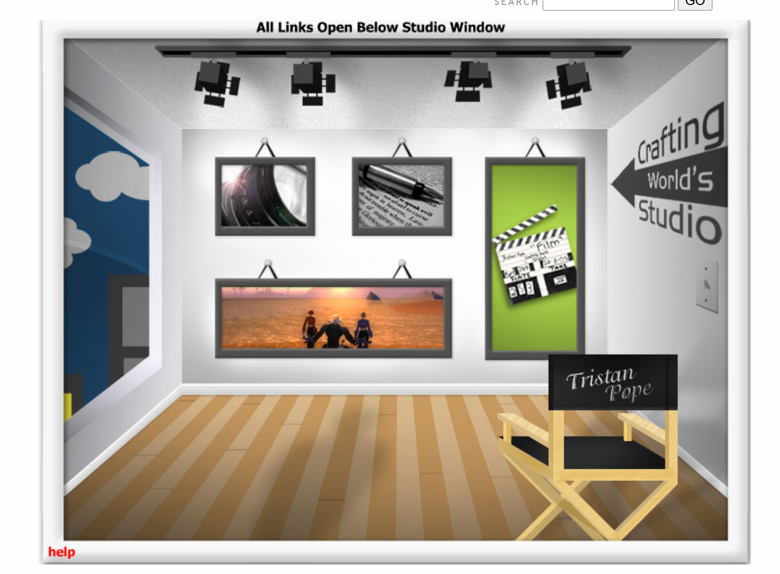 The original 2006 Crafting Worlds website: a gallery with spotlights, framed films, and Tristan’s director’s chair